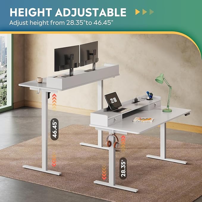 DEVAISE 55 Inch Standing Desk with Sheft, Ergonomic Computer Desk, White | LED Touchscreen, Headphone Hook, 3 Memory Preset, Home Office