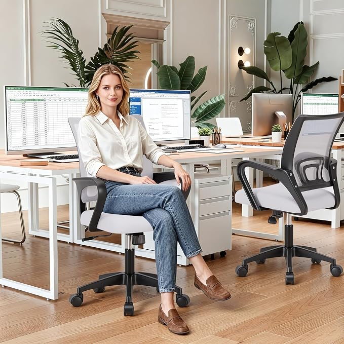 BestOffice | Ergonomic Office Chair | Mid-Back Swivel Desk Chair | Breathable Backrest & Lumbar Support | Adjustable Height | Sponge Seat | Rolling Wheels | White | for Adults & Women