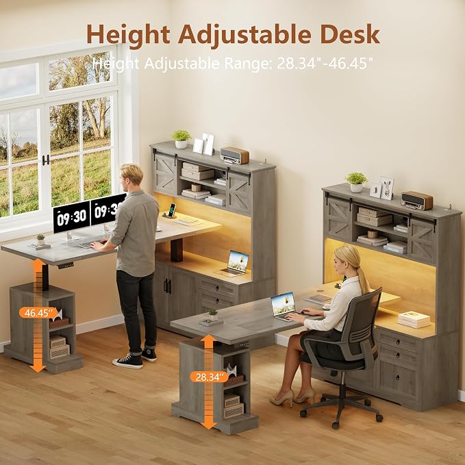 71" LED L Shaped Standing Desk with Hutch and Drawers, Farmhouse | Farmhouse Height Adjustable Sit Stand Desk, Large Corner Computer Desk with File Cabinet, Power Outlets & LED Lights, Grey