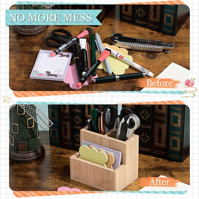 Maitys Bamboo Wood Pen Holder for Desk Wooden Pencil Remote Control Organizer with 3 Compartments Small Desk Accessories for Workspace Home Office Classroom Bathroom