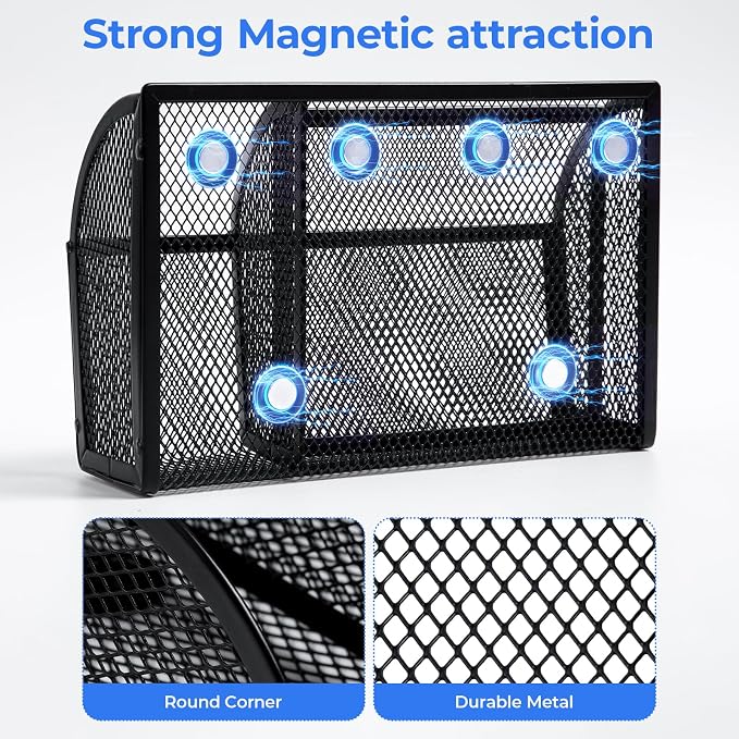 M&G Magnetic Pen Holder Dry Erase Marker Holder, Strong Magnet Metal Mesh Pencil Holder for Whiteboard, Refrigerator and Locker, 3 Compartments Magnetic Basket Organizer, Black