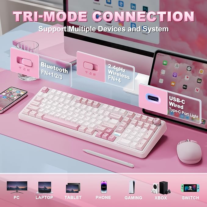 YUNZII B98 PRO QMK/VIA Wireless Mechanical Gaming Keyboard,96% Layout with Numpad and Cute Cat Knob, BT/2.4G/USB-C,Linear Switch Hot Swap Gasket,RGB for Win/Mac (Pink, Candy Linear Switch)