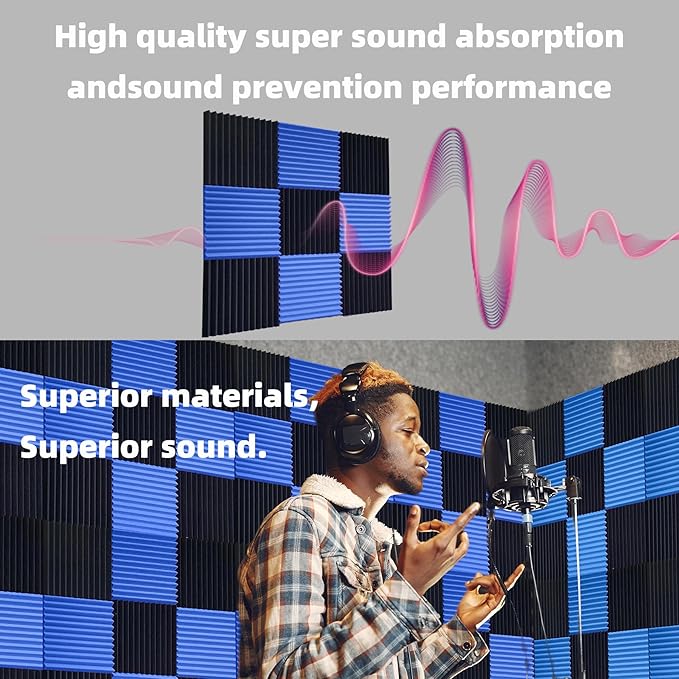 56 Pack Acoustic Foam Panels |1 "x12 "x12" Rapid Recovery Acoustic Wall Panels |High Density Sound Reducing Panels for Home Studio |With Adhesive Stickers 280PCS (28 Black+28 Blue)