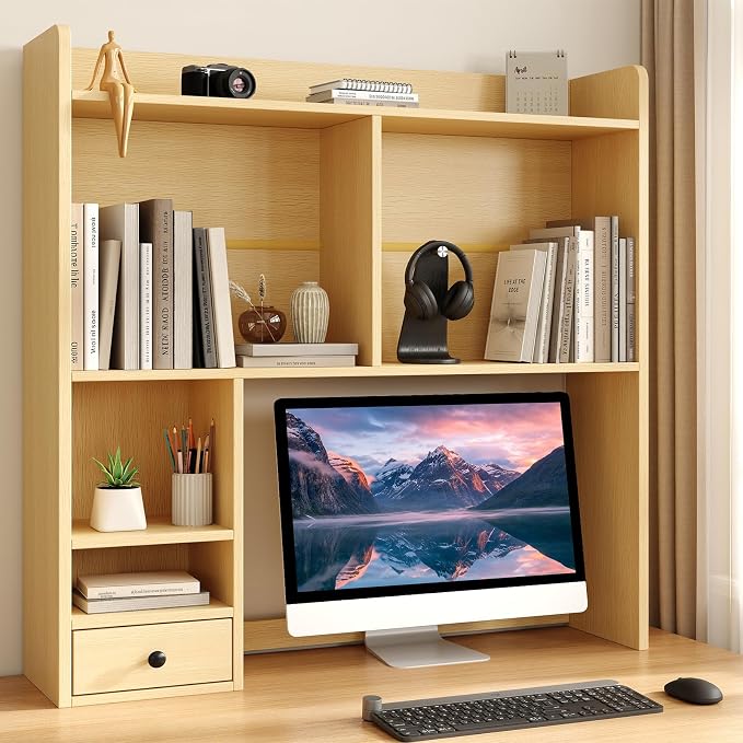 knoworld Desktop Bookshelf for 27" Monitor, Space-Saving Engineered Wood Desk Hutch Organizer with Adjustable Shelves & Drawer, Clutter-Free Tabletop Bookcase for Dorm & Home Office, Natural