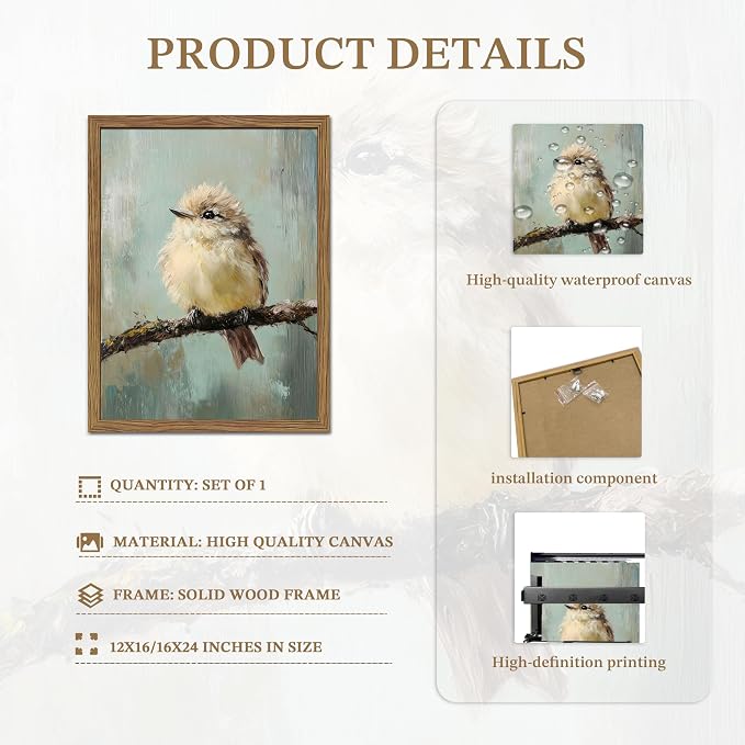 Vintage Framed Bird Wall Art, Rustic Sparrow on Branch Canvas Wall Decor Painting, Cute Bird Animal Artwork Poster Prints Pictures for Living Room Bedroom Bathroom 16x24 Inch