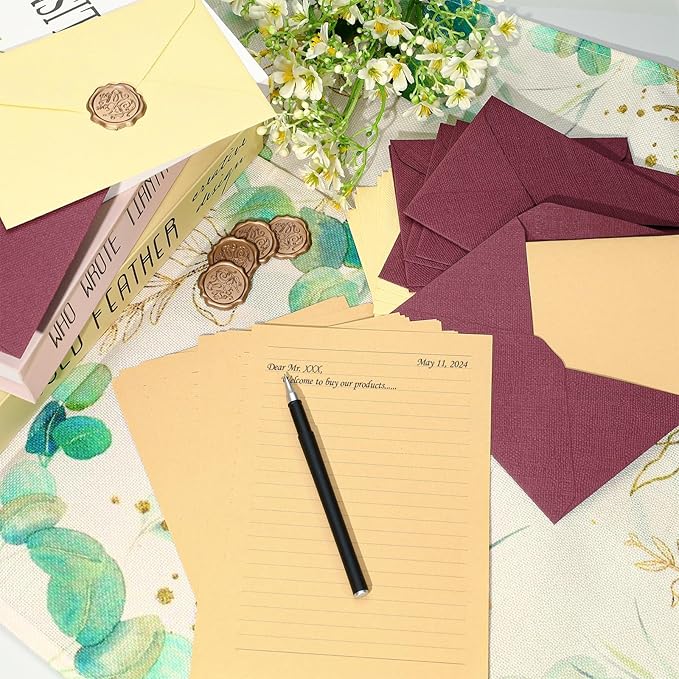 46Pcs Stationary Set and Envelopes (20 Lined Stationery Paper + 20 Linen Texture Vintage Envelope + 6 Wax Seal Stickers) for Letter Writing, 2 Colors Stationary Kit