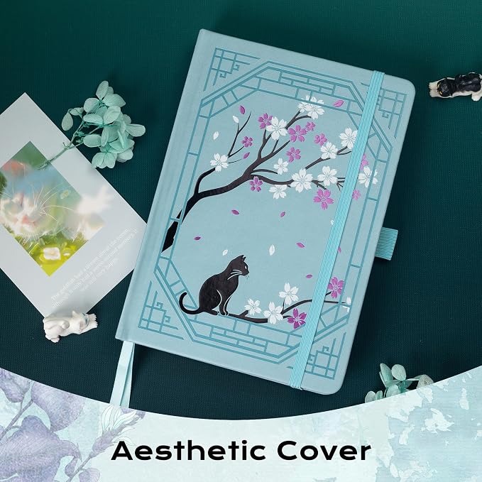 TIEFOSSI A5 Dotted Journal, Cute Cat Journal for Women Girls, Dot Notebook with Pretty Sakura Pattern, Aesthetic Diary for Writing Journaling Drawing, Golden Edges
