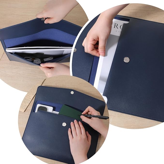Leather Document Folder, A4 File Document Holder Waterproof Portfolio Envelope PU Leather Folder Case with Snap Button Closure for Letter Size, Travel, Resume, Blue