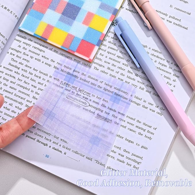 192 Sheets Transparent Sticky Notes, 3 x 3 Clear Self-Stick Note Glitter, Waterproof Translucent Memo Pads, See Through Self-Adhesive Note for Office School (Multicolored Plaid)