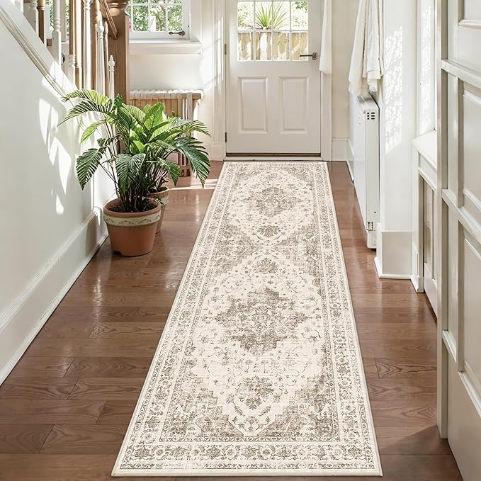 2.6x8 Taupe Vintage Runner Rug Hallway Washable Area Rugs Non Slip Boho Medallion Long Rug Distressed Retro Carpet Floral Soft Low Pile Indoor Throw Rug for Kitchen Bedroom Bathroom Dining Room Office