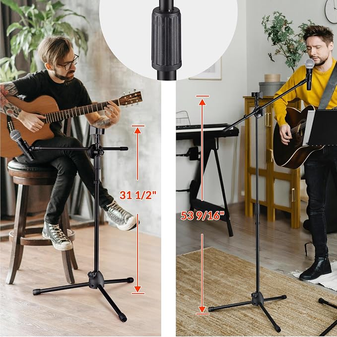 AW 2pcs Boom Mic Stand Floor Adjustable Height Mic Tripod Stand Dual Mic Clip Standing Boom Arm Mic Holder for Singing Live Stream Stage Studio