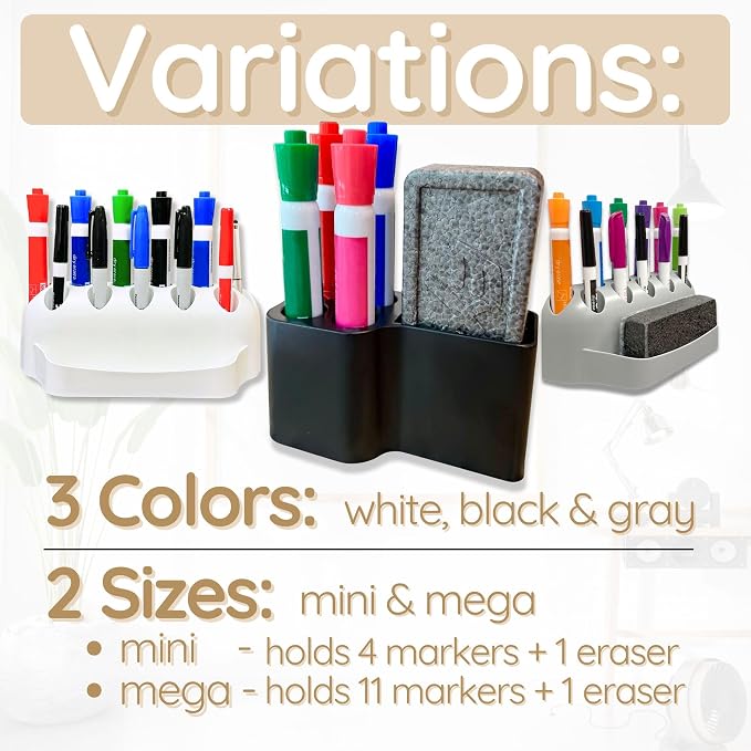 Whiteboard Marker Holder Magnetic - Dry Erase Marker Organizer with Adhesive Mount - Office Supplies Organizer for Classroom, School, Fridge - Made in USA, Black 4 Pack