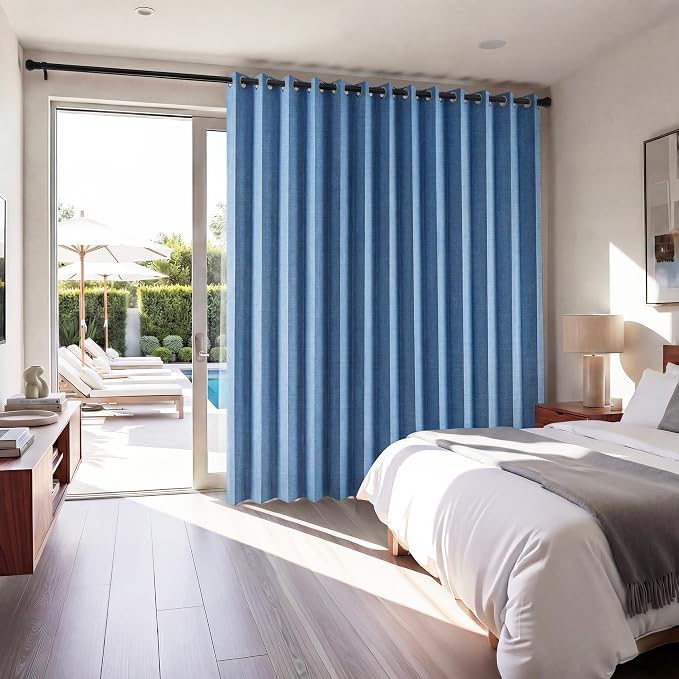RYB HOME Accordion Style Room Divider Curtain-100% Blackout Folding Accordion Curtain for Sliding Glass Door/Bedroom, Privacy Assurd Living Room/Office Drape 1 Panel with Tieback, W100 x L84, Blue