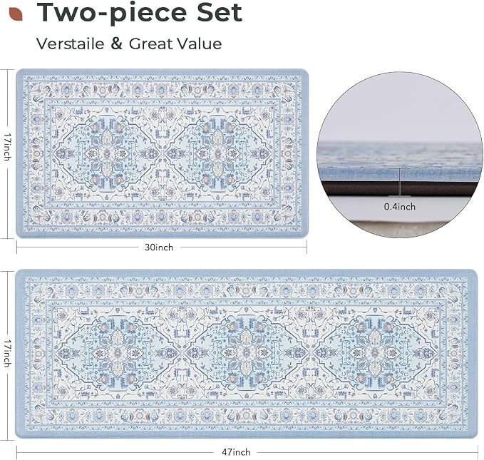 FRESHMINT Medallion Kitchen Mat Set 2 Piece, 17x30''+17x47'', Light Blue | Anti-Fatigue, Non Slip, Comfort, Kitchen Decor, Easy to Clean, Waterproof, Perfect for Kitchen, Laundry, Office