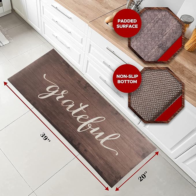 J&V TEXTILES Anti Fatigue Kitchen Mat for Floor, Embossed Themed Cushioned Kitchen Runner Rug Mat, Non Slip, Easy Wipe Clean, 1/2 Inch Thick (20x39 inches, Grateful)