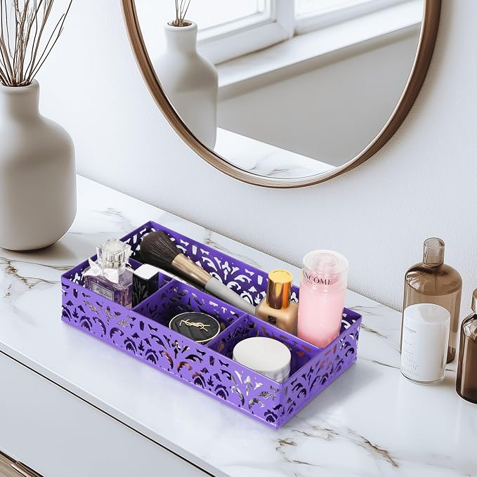 EasyPAG Desk Drawer Organizer with 4 Compartments, Carved Hollow Floral Metal Tray for Office, Jewelry, Cosmetics - No Assembly, Purple