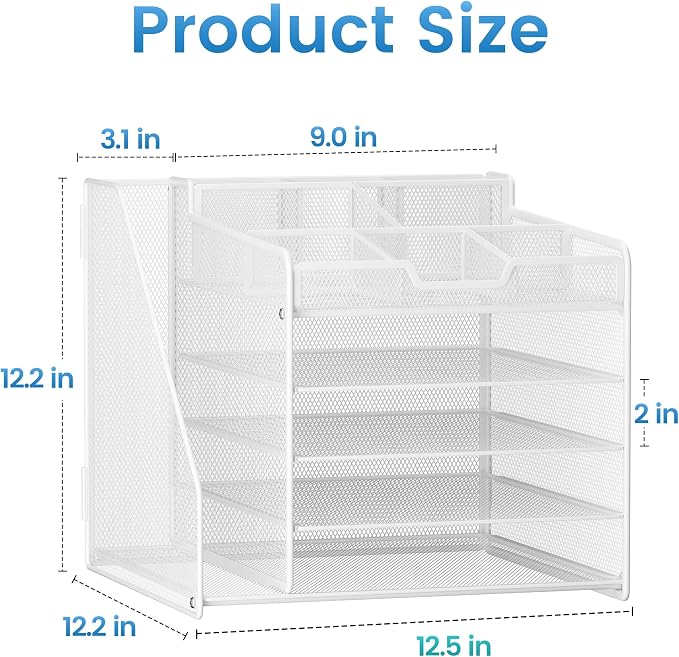 Lavatino Desk Organizer with File Holder, White 5-Tier Adjustable Paper Letter Tray for Office or Home Desk Organizers