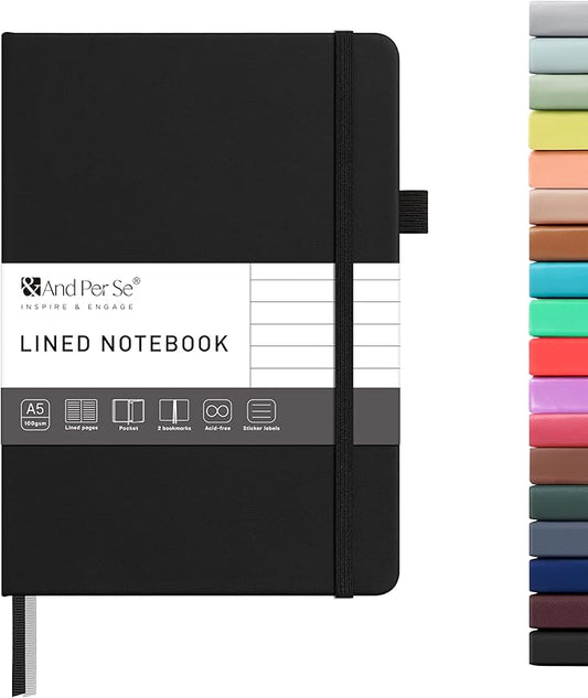 &And Per Se Lined Journal Notebook – A5 5.7”x8” College Ruled, 160 Pages, 100gsm Thick Paper, Journaling Notebooks for Writing (Black)