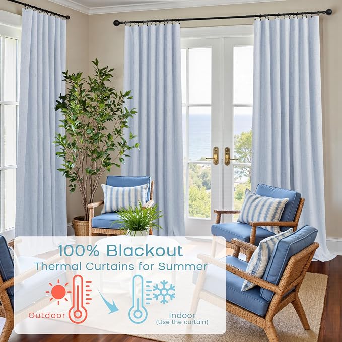 KOUFALL Light Blue Back Tab Linen Blackout Curtains for Living Room 52 by 96 Inch Length
