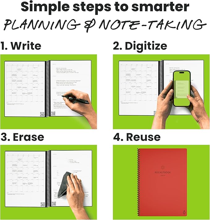 Rocketbook Fusion Reusable Undated Productivity Planner, Executive Size 6x8.8, Red - Goals, Monthly and Weekly Calendar, Daily To-do List, Lined and Dotted Notes Pages
