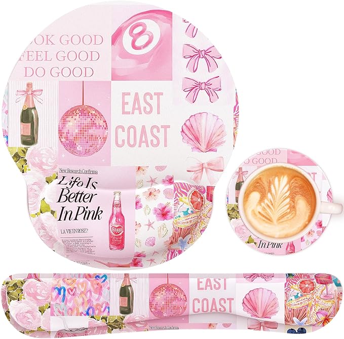 Ergonomic Mouse Pad with Wrist Rest and Keyboard Wrist Rest, Mousepad and Wrist Rest for Computer Keyboard, Pain Relief, Non-Slip Rubber Base, Mouse Pad with Wrist Support for Gaming, Pink Collage