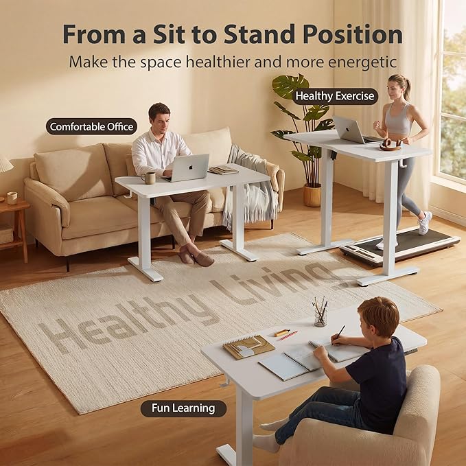 Cubiker Standing Desk, 55x24 Inches Sit Stand Home Office Desk, Electric Stand up Desk, Adjustable Desk with Splice Board, White Frame/White Top