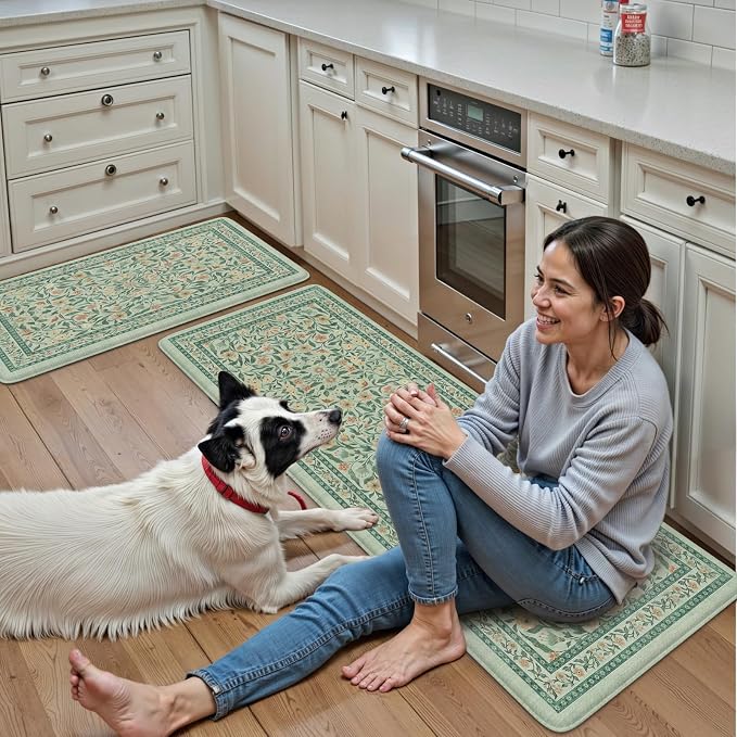 KIMODE Anti Fatigue Mats for Kitchen Floor, 17.3"x29"+17.3"x47" Farmhouse Kitchen Rugs Sets of 2, Cushioned Kitchen Mats for Floor Non Slip, Padded Standing Desk Mat for Sink Laundry Desk Green
