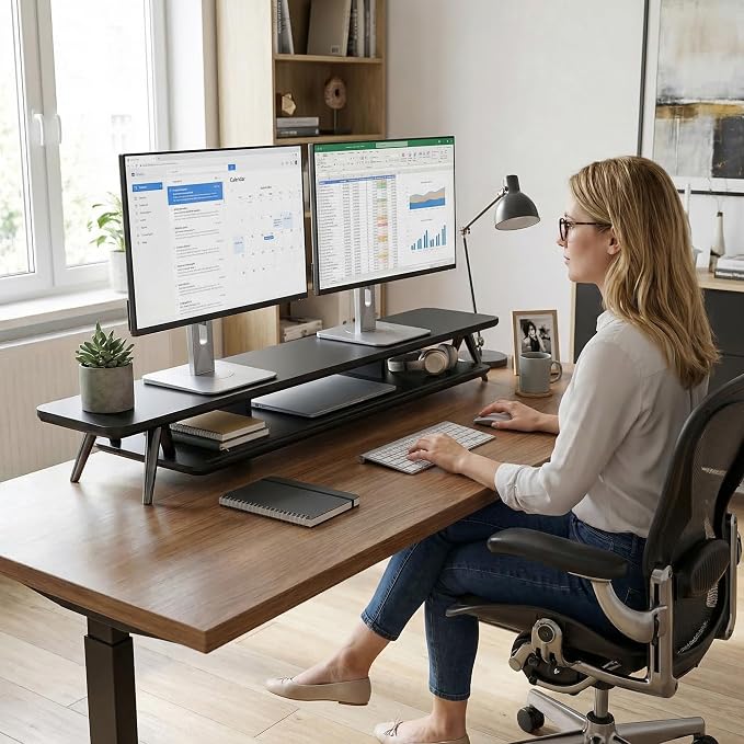 Fenge Dual Monitor Stand Riser, Wooden Desk Shelf with 2-Tier Storage | 47.3-Inch Extra Wide, Sturdy Aluminum Legs, Built-In Phone & Tablet Slot, Desktop Organizer for Office Accessories