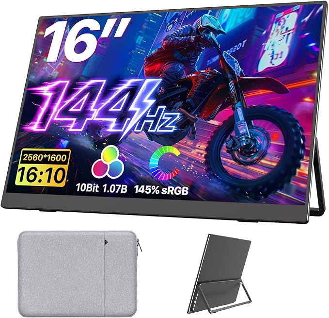 Upperizon Portable Monitor 16 inch 2K QHD 2560X1600 145% sRGB, 144Hz USB-C, 120Hz HDMI, Travel Monitor for Laptop MacBook PC Surface PS5 Xbox, External Display with Kickstand & Speaker VESA Compatible