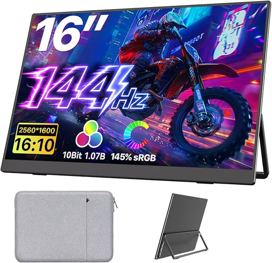 Upperizon Portable Monitor 16 inch 2K QHD 2560X1600 145% sRGB, 144Hz USB-C, 120Hz HDMI, Travel Monitor for Laptop MacBook PC Surface PS5 Xbox, External Display with Kickstand & Speaker VESA Compatible