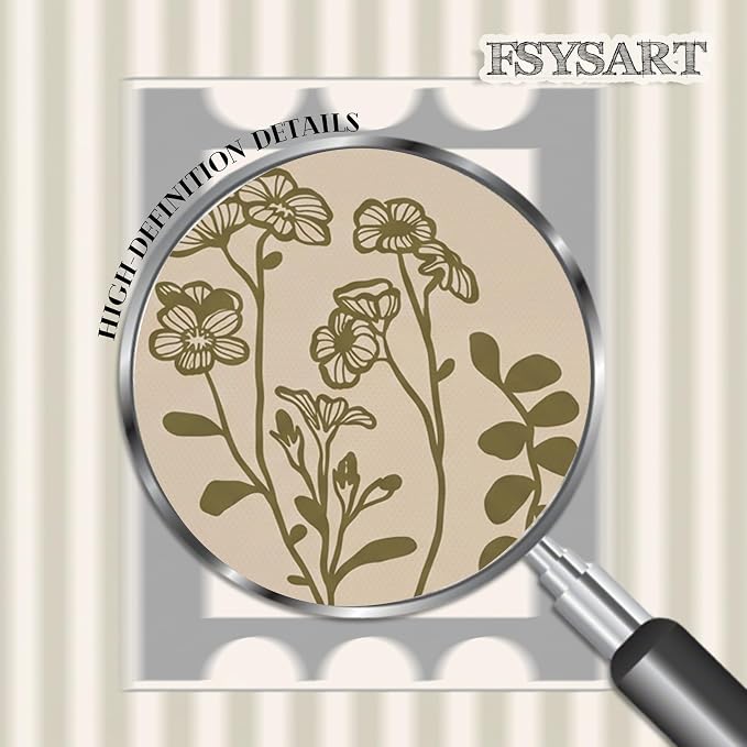 Framed Vintage Botanical Wall Art Set of 2, Olive Green Striped Floral Line Drawing Canvas Prints, Minimalist Nature Plant Artwork, Rustic Wall Decor for Living Room Bedroom Entryway 12x16in