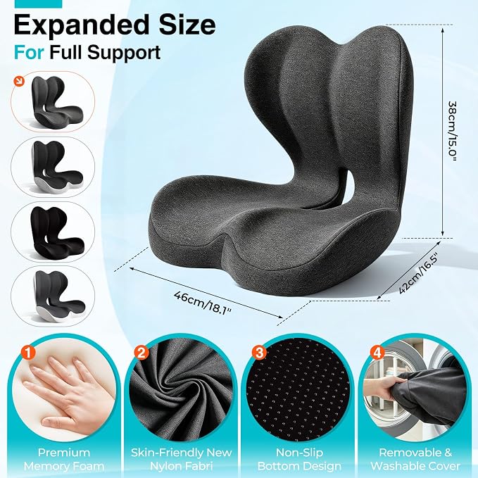 Seat Cushion for Office Chair and Car, L-Shaped Memory Foam Seat Cushion, Ergonomic Sciatica & Tailbone Pain Relief Cushion with Non-Slip Breathable Cover, Back Support for Office Chair-Dark Gray