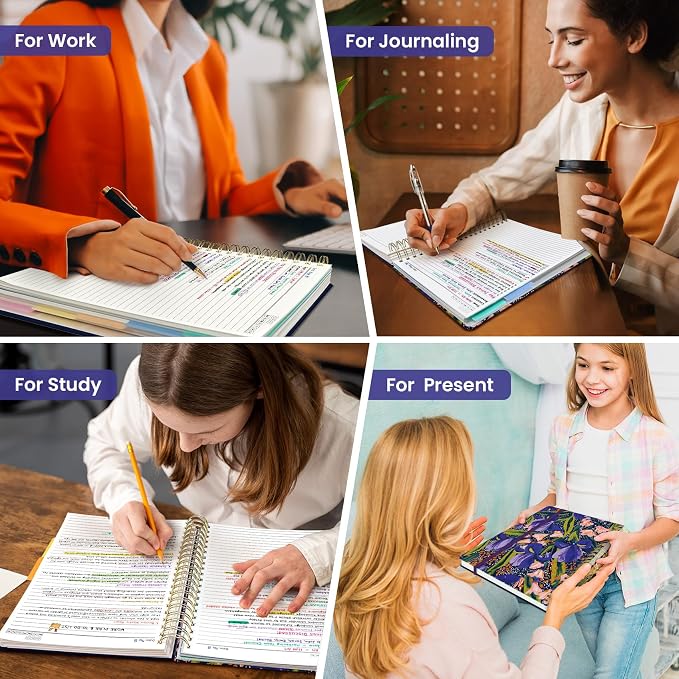 Large Spiral Lined Notebooks for Work with Removable Dividers & Tabs, 8.5"x11" Pretty Hardcover 5 Subject Notebook Journal for Women, College Ruled, Perfect for Study & Office Organization, 280 Pages, Petal Rhythm