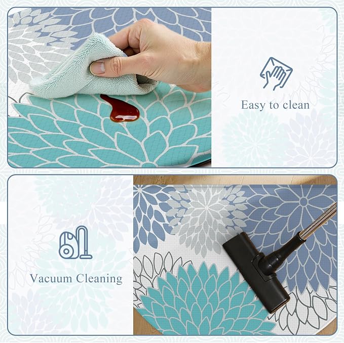 KIMODE Half Circle Anti Fatigue Mats for Kitchen Floor Rug Sets of 2 | 18"x28+18"x47",Blue White,Dahlia Floral Boho,Kitchen Rug 2pcs,Non Slip,Waterproof,for Sink Office Laundry Bathroom Decor