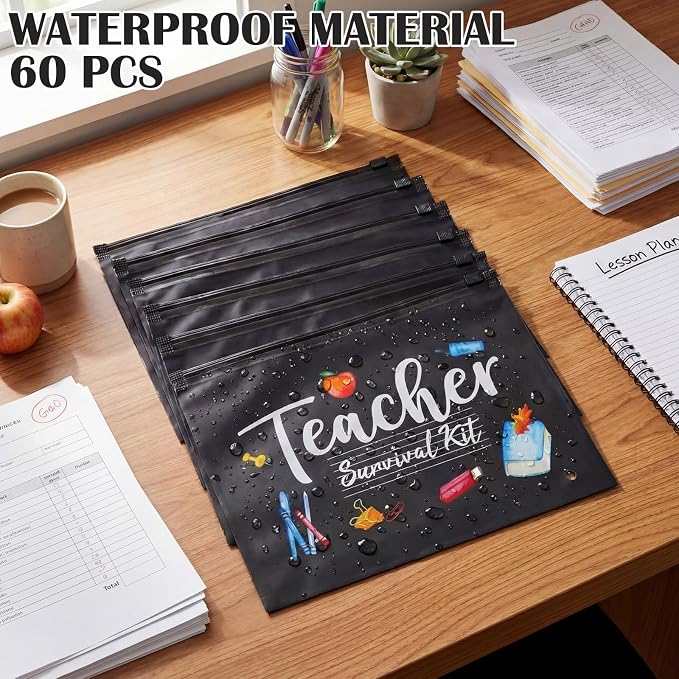 60 Pcs Teacher Appreciation Gifts Bulk Black Teacher Survival Small Waterproof Makeup Toiletry Bag Pouch Cosmetic Pencil Bag Thank You Gifts for Women Men Travel Back to School Season Supplies