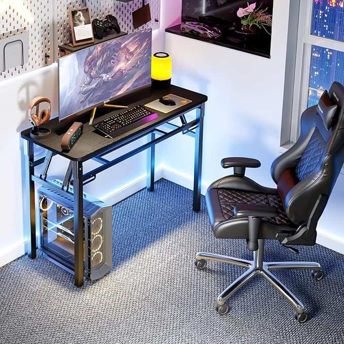 BYMECOST 31.5 inches Folding Desk Small Desk, No Assembly Computer Desk with Storage Shelf, No Install Small Foldable Table for Home Office,Study Table for Small Space (Black, 31.5")