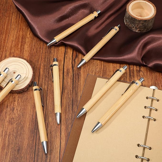 100 Pcs Bamboo Pens Bulk, Wooden Retractable Ballpoint Pens with Engraving for Customizable Gifts, Office Supplies and Writing