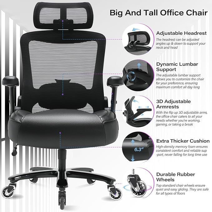 600lbs Big and Tall Office Chair- Heavy Duty Executive Computer Chair with 3D Flip Arms Large Wheels, Ergonomic Mesh High Back Desk Chair, Extra Wide Seat Adjustable Lumbar Support&Headrest