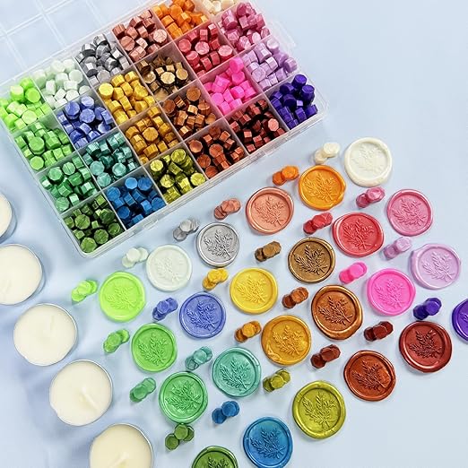 Wax Seal Kit, 624 Pcs 24 Colors Sealing Beads, 1 Pcs Stamp,Sealing Wax Warmer,Spoon,Mat,Metallic Pen, 10Pcs Envelope, 8Pcs Tea Candles for Wedding Birthday Gift and DIY Craft