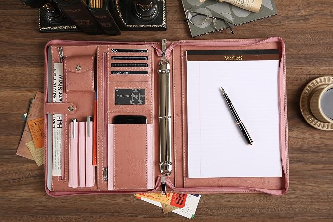 Pink Leather Padfolio for Women, Business Leather Binder 3 Ring Portfolio, Personalzied Leather Portfolio Binder (Pink, Custom)