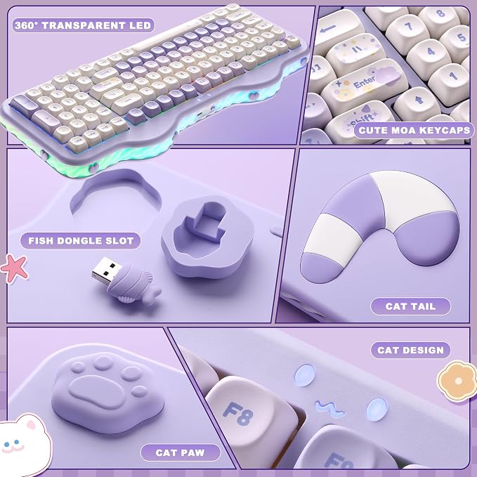 YUNZII C98 Wireless Mechanical Keyboard with Number Pad,99 Key BT5.0/2.4G/USB-C Hot Swap Gasket Mount with PBT MOA Keycaps,Custom RGB,Cute Cake Keyboard for Win/Mac (Purple, Milk V2 Linear Switch)