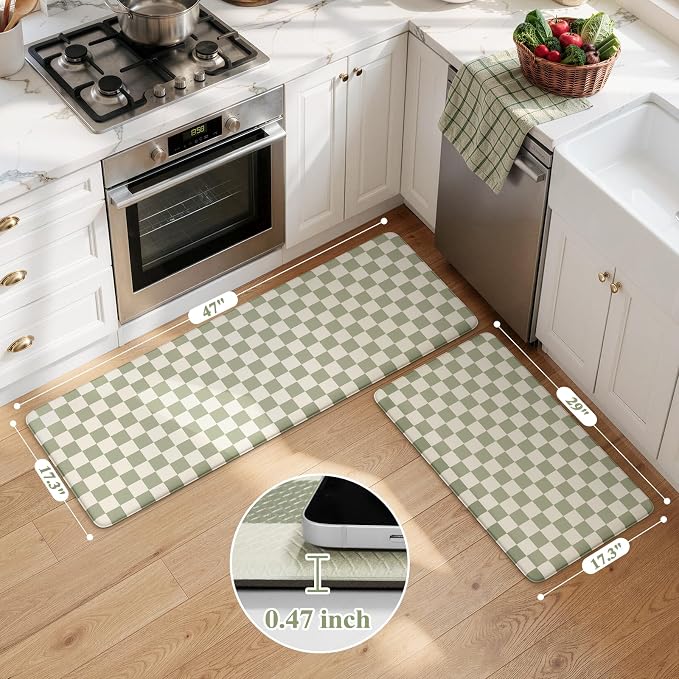 KIMODE Anti Fatigue Kitchen Mats for Floor,Farmhouse Kitchen Rugs Sets of 2 | Cushioned Kitchen Floor Mats, Light Green Standing Desk Mat, Checkered Laundry Room Rugs for Bath Sink Home Summer Decor RV