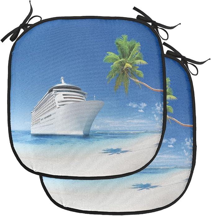 Lunarable Travel Chair Cushion Pads Set of 2, Ship Coastline Palm Tree Sandy Beach Nature Sunny Day Exotic Journey Seascape, Anti-Slip Seat Padding for Kitchen & Patio, 16"x16", Blue Green White