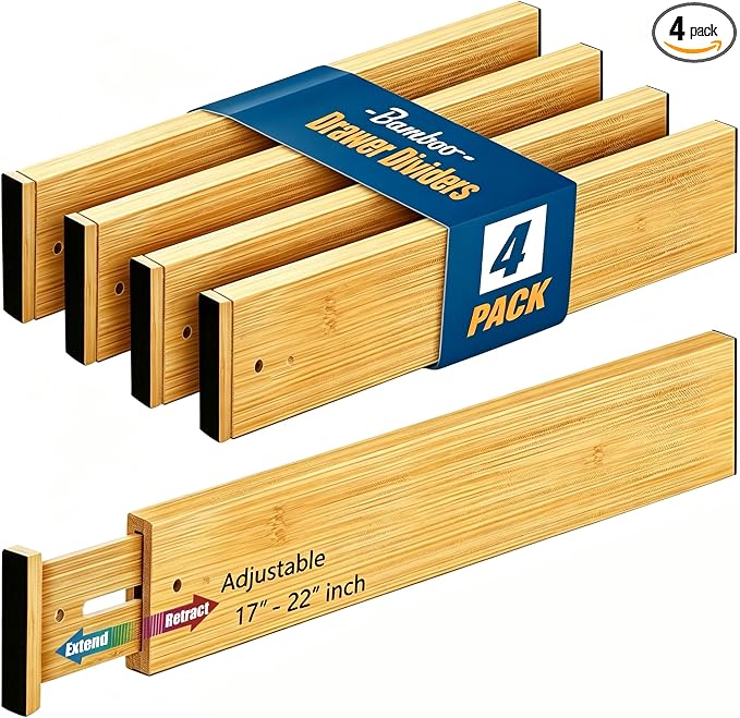 4 Pack Bamboo Drawer Divider, 17-22" Adjustable Organizers | Expandable bamboo separators, firm spring design, great for kitchen, dresser, closet, bathroom and bedroom organization