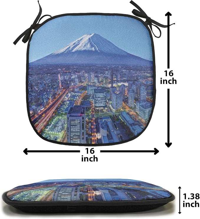 Lunarable Scenery Chair Cushion Pads Set of 8, Skyline of Mt. Hill and Yokohama Japan Financial District Mountain Volcano Landscape, Anti-Slip Seat Padding for Kitchen & Patio, 16"x16", Blue