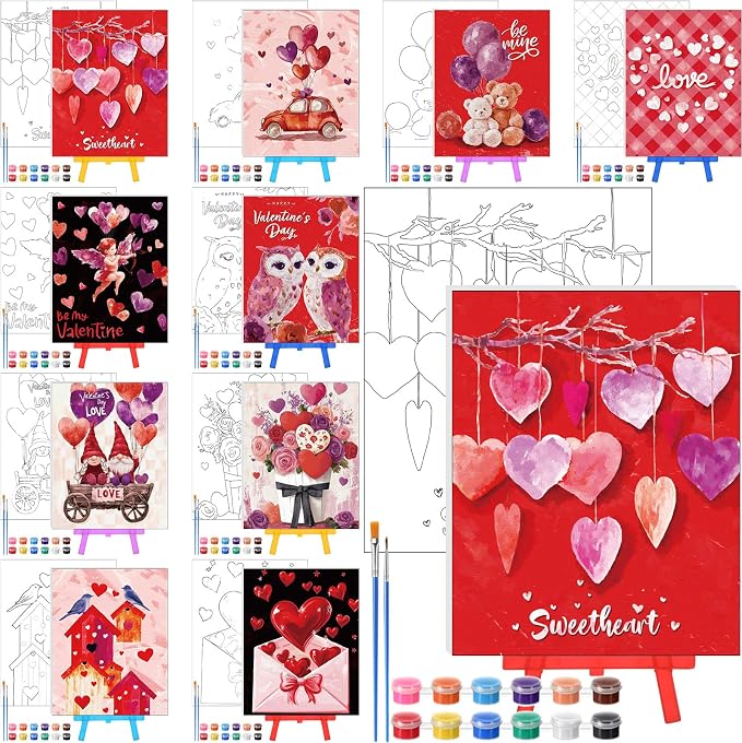 Blosssound 10 Set Valentine's Day Pre Printed Canvas Heart Pre Drawn Canvas Painting with Easel Kits 5" x 7" Outline Painting Panels for Beginners, DIY Craft Project, Home Decors