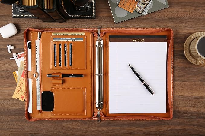 Vegan Leather Padfolio, Brown Binder with Pattern - 3 Ring Portfolio Organizer, Personalized Resume Folder (Pink)