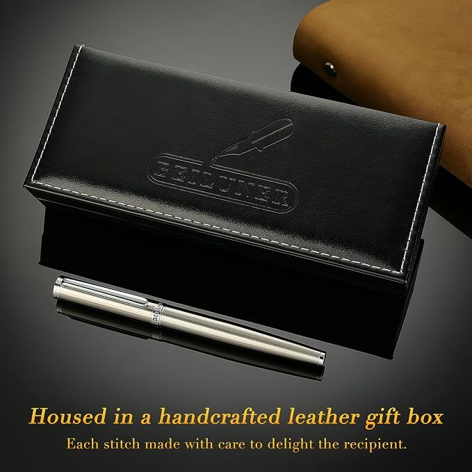 BEILUNER Luxury Fountain Pen Set, Solid 24K Gilded Fine Nib, Silver Stainless Steel Body- Includes 6 Ink Cartridges & Ink Refill Converter with Gift Case - Perfect for Men and Women