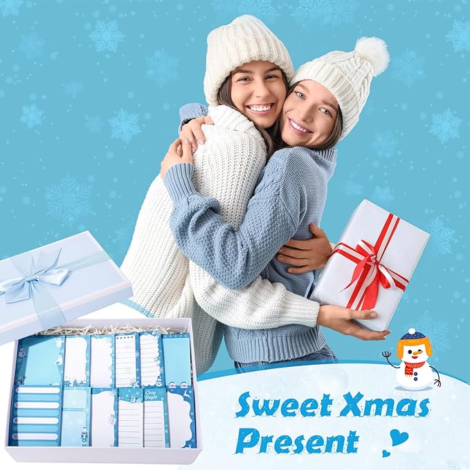 12 Pcs Christmas Sticky Notes Christmas Design Self Adhesive Note Pads Winter Snowflake Sticky Memo Blue Cartoon Snowman Penguin Notepad for Xmas Gift Office Home Supplies Present