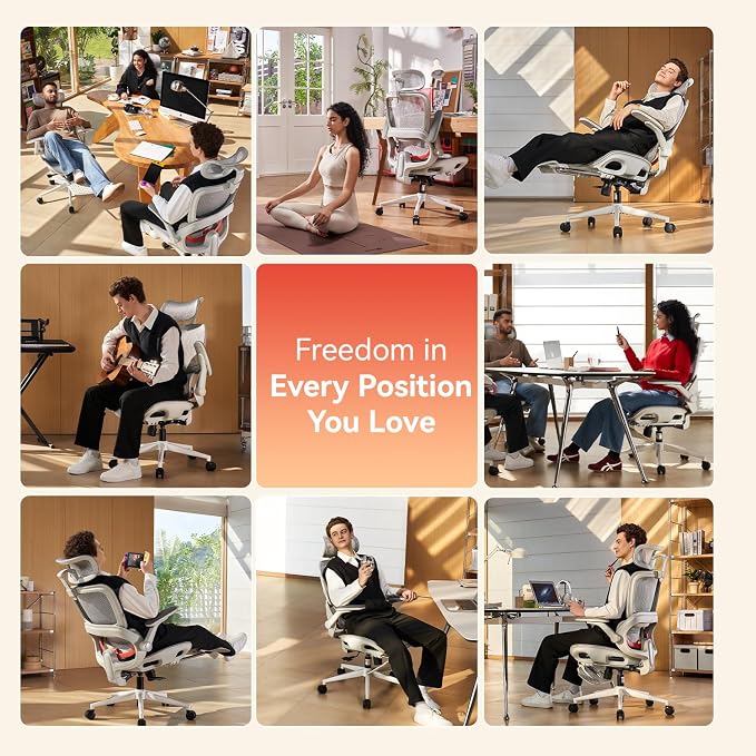 SIHOO B100 PRO Ergonomic Office Chair with Footrest, Mesh Office Chair with Adaptive Lumbar Support, Computer Chair with Wide Headrest, Desk Chair with Flip-Up Armrests, 2 Packs, Light Grey